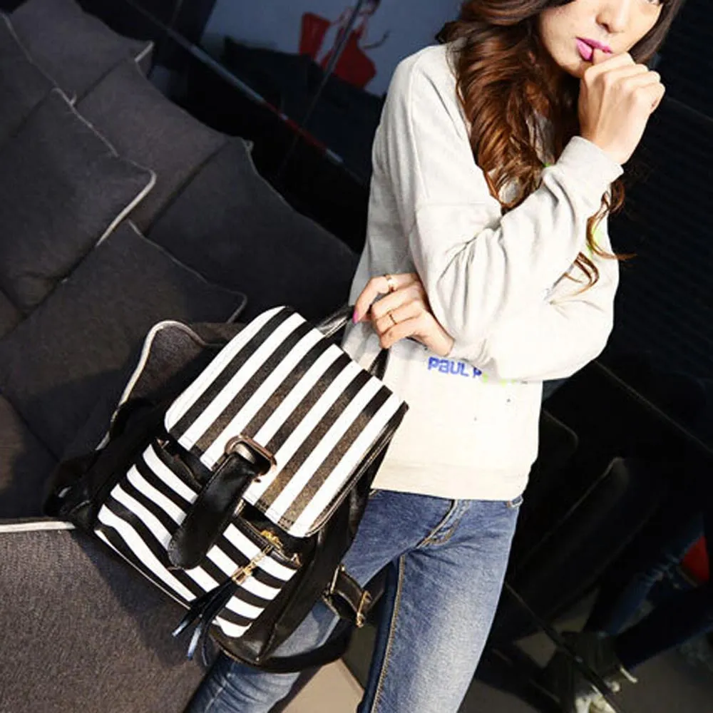Backpack School Bags For Teenagers Girls PU Leather Korean style Travel Backpacks Satchel Tassels Stripe Rucksack