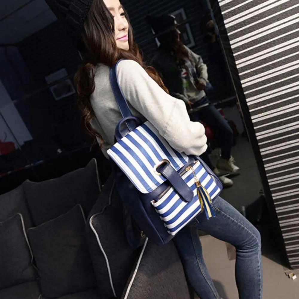 Backpack School Bags For Teenagers Girls PU Leather Korean style Travel Backpacks Satchel Tassels Stripe Rucksack